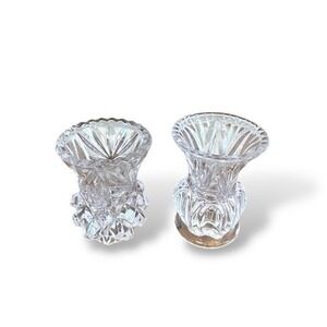 2 Vtg Lead Crystal Bud Vase Toothpick Sawtooth Trim Diamond Pineapple Cut 3"